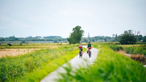 Zwei Radfahrer fahren auf einem asphaltierten Weg durch die grüne ostfriesische Landschaft mit Feldern, Bäumen und einem Kirchturm in der Ferne.