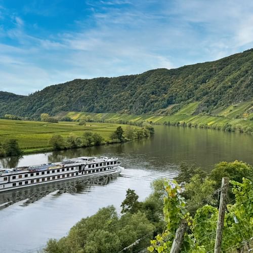 MS Olympia Flusskreuzfahrtschiff auf ruhigem Fluss mit grünen Weinberghängen, bewaldeten Hügeln und kleinem Dorf im Hintergrund unter blauem Himmel.