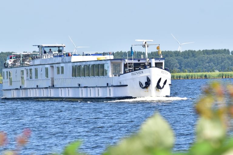 Weißes Flusskreuzfahrtschiff MS Fluvius fährt auf blauem Wasser mit bewaldeter Uferlinie und Windrädern im Hintergrund, gelbe Blumen im Vordergrund.
