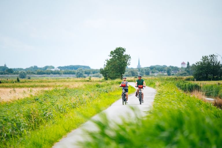 Two cyclists riding on a paved path through green East Frisian countryside with fields, trees, and a church spire visible in the distance.